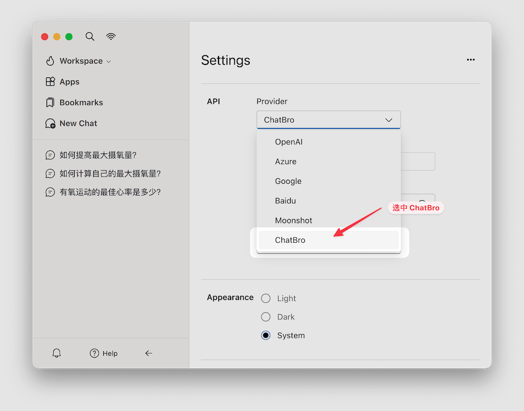 从 provider 中选中 ChatBro