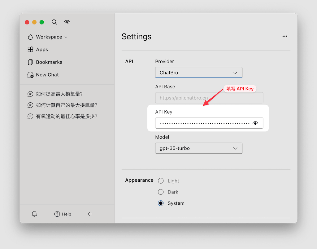 填写 ChatBro 的 API Key