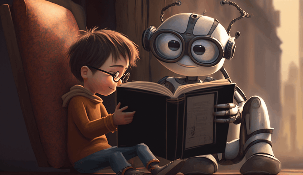 a robot and a boy are reading book together in 3D Pixar style , high definition