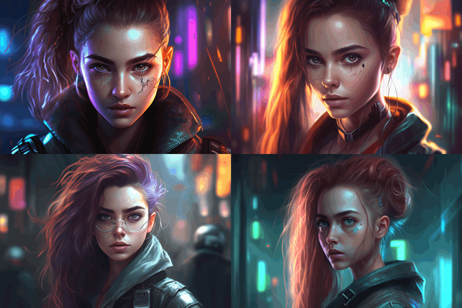 A young twenty-senven woman, very pretty in ultra realistic style, cyberpunk background